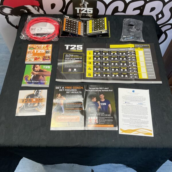 Beachbody T25 resistance bands and exercise calendar for home workouts.
