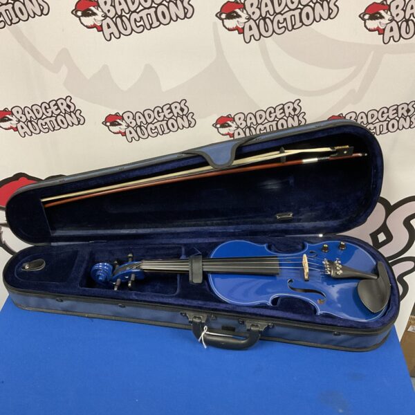 Blue Hora violin in open case with bow.