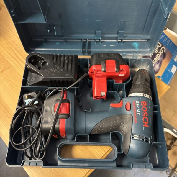 Bosch GSR 12V cordless drill set with charger and case.