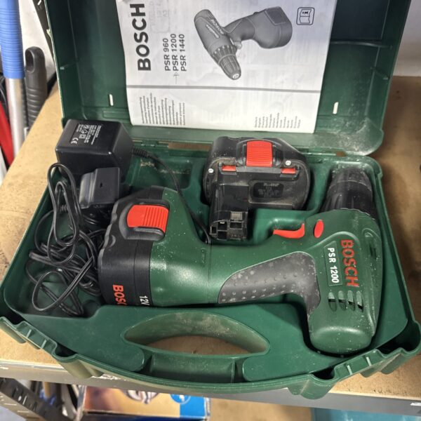 Bosch PSR 1200 cordless drill, power tool for DIY projects.