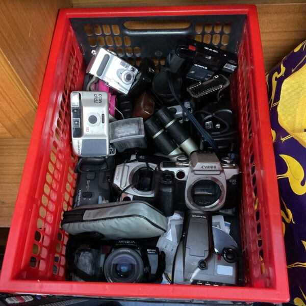 Vintage camera lot including Canon and Olympus film cameras.
