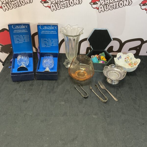 Box if mixed inc silverplate, glassware and cavalier lead crystal goblets