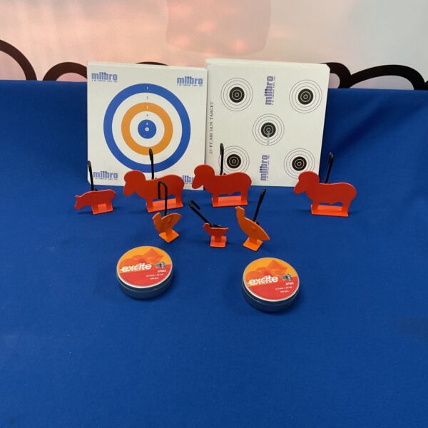 Airgun targets and Excite Spike 5.5mm pellets for shooting practice.