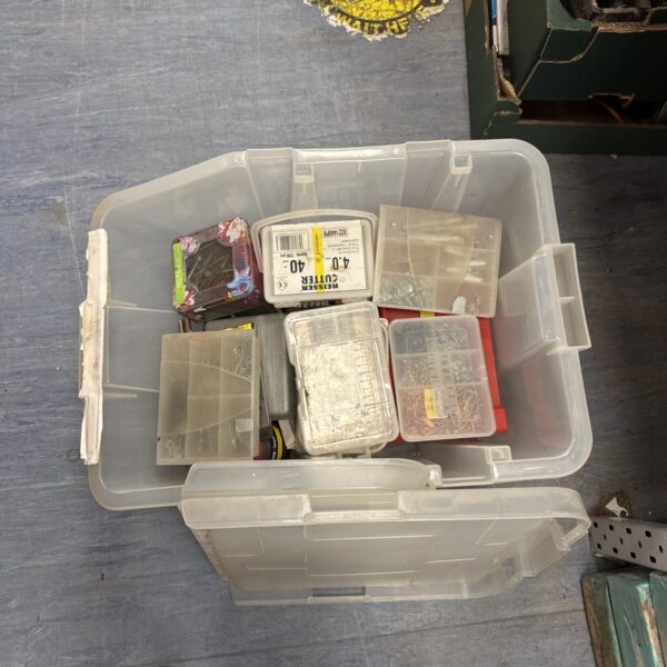 Assorted shed clearance lot with garden tools and hardware.