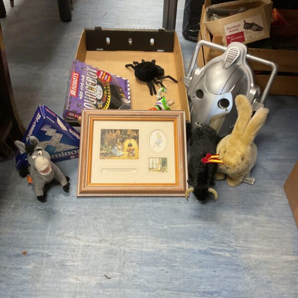 Mixed lot of vintage toys including a Cyberman and Harrods rabbit.