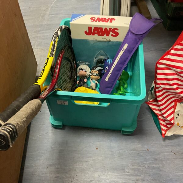 Mixed lot of toys and sports equipment including tennis rackets.