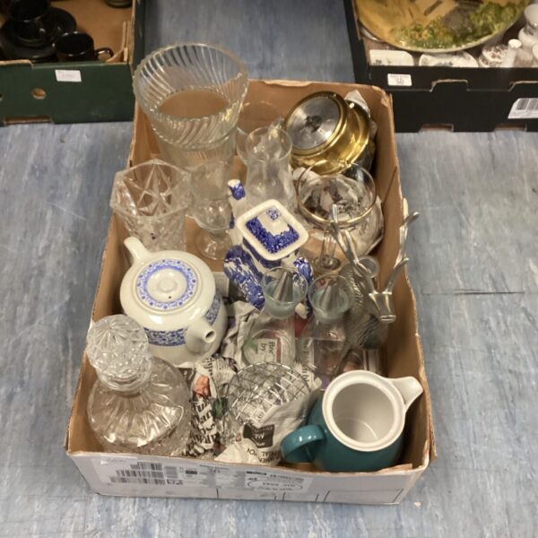 Mixed lot of vintage collectibles including a barometer and china.