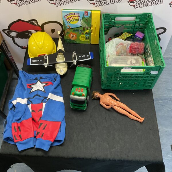 Vintage Barbie doll and toys lot including Captain America jumper.