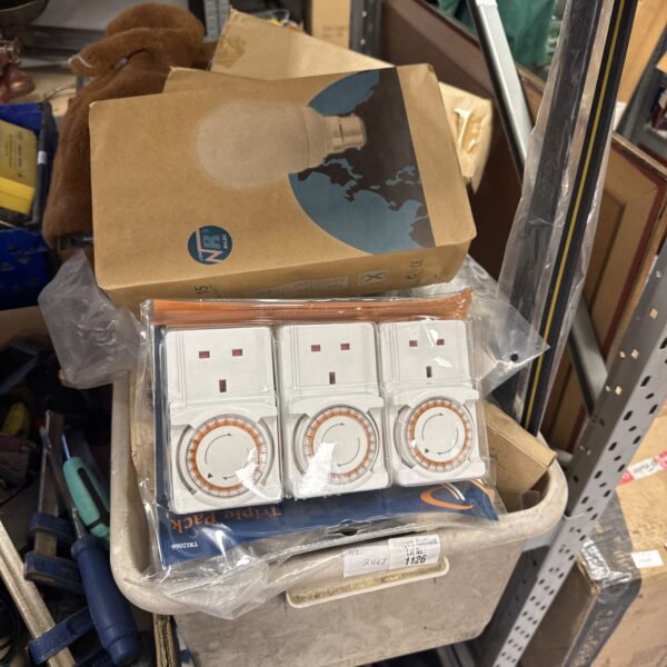 Electric timers in a cardboard box from a shed clearance.