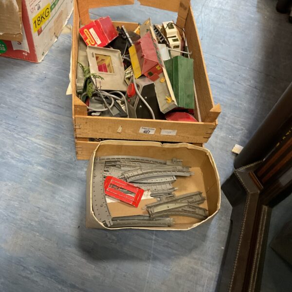Vintage Triang Railways train set with various parts and components.