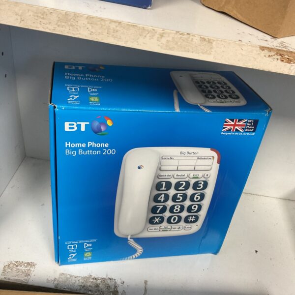 BT Big Button 200 phone with box, a classic corded telephone.