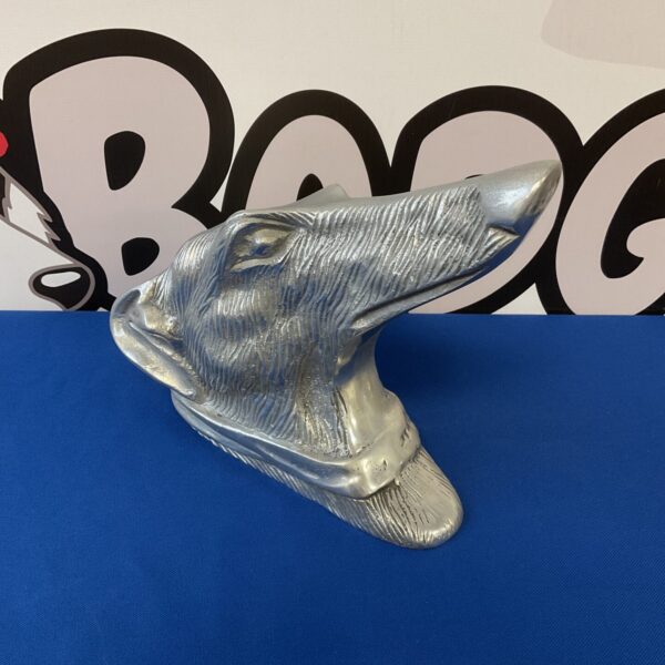 Vintage aluminium greyhound wall bust, mid century modern sculpture.