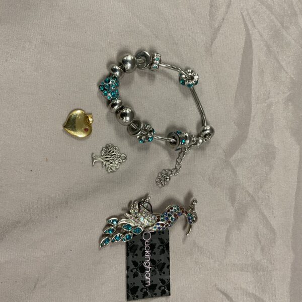 Silver-tone charm bracelet, brooch and pendants jewellery lot.