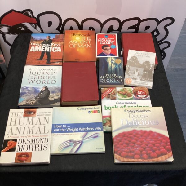 Book collection including Stephen Fry, Ascent of Man, and Human Animal.