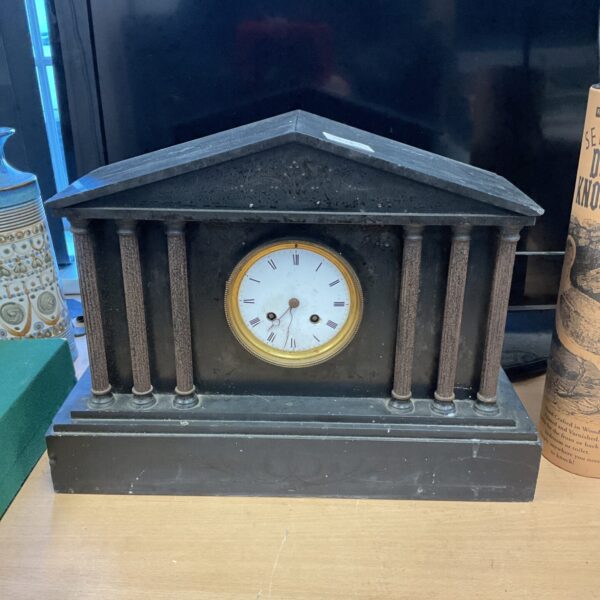 Antique French slate mantle clock by Delolme Paris, front view.