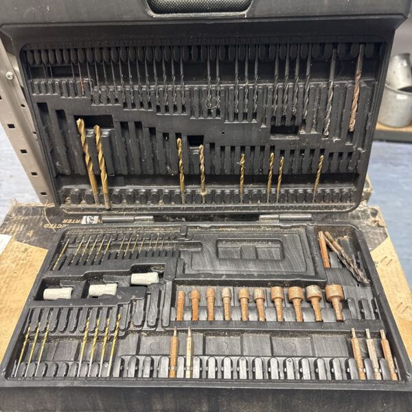 Vintage drill bit set in a molded plastic case.