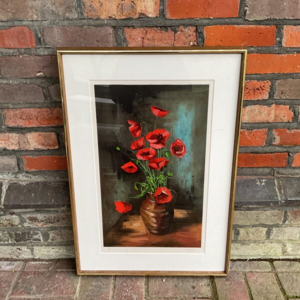 Vintage E Peyrol limited edition print of vibrant poppies in a pitcher.