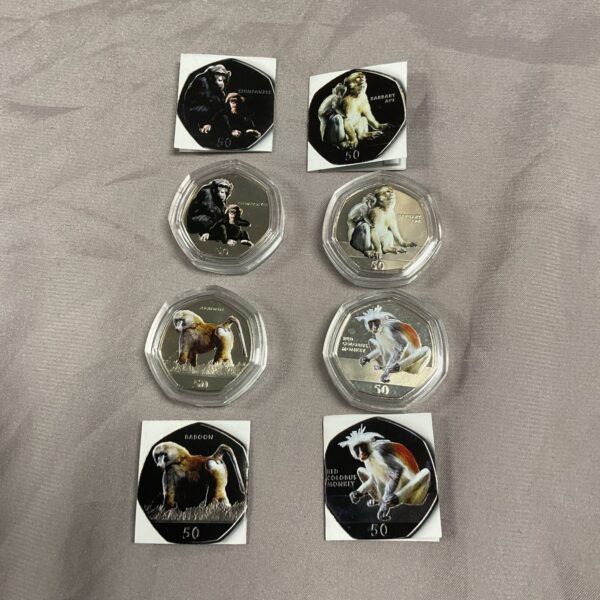 Lot of Gibraltar 50p coins featuring monkey designs.