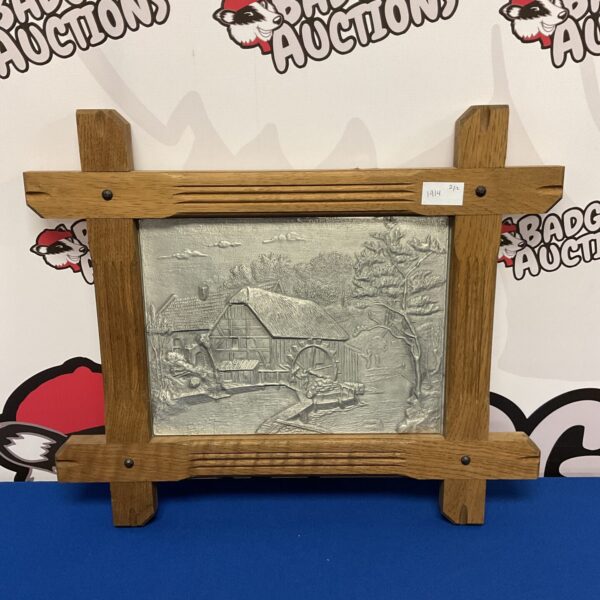 Framed Frieling pewter panel depicting a detailed watermill scene.