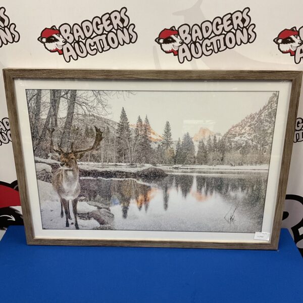 Framed winter stag print for rustic home decor.