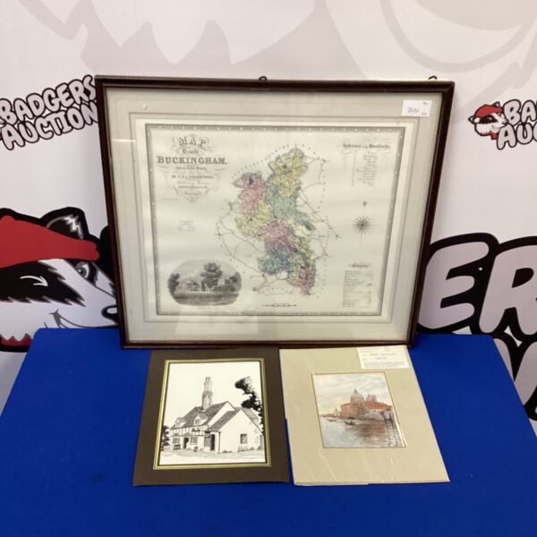 Framed print of Buckingham with two smaller prints, antique topographical view.