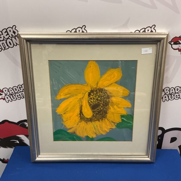 Framed watercolour painting of a vibrant sunflower, floral art.