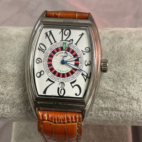 Front view of a Franck Muller style Vegas watch with roulette dial.