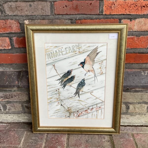 Gilt framed watercolour painting of barn swallows at "NHAM FARM".