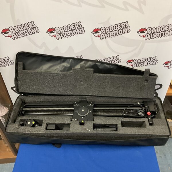Black camera stabilizer mounted on a tripod for smooth video recording.
