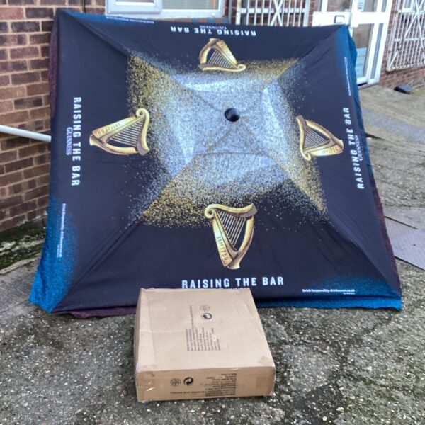 Close-up of the Guinness branded pub umbrella.