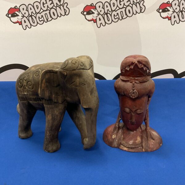 Vintage carved wooden elephant and Chinese lady bust lot.