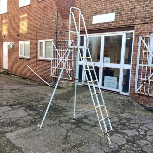 Vintage Henchmen extending tripod ladder in a garden setting.