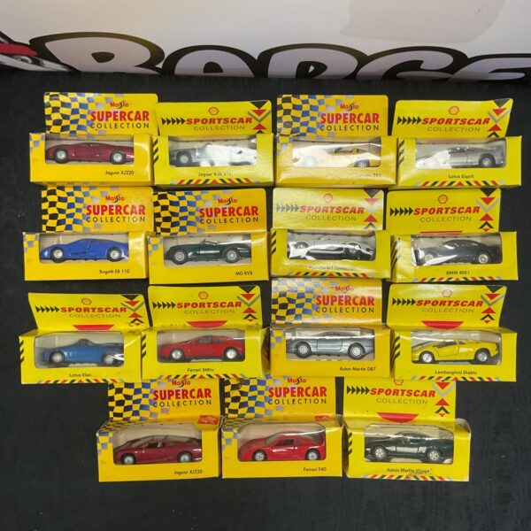 Boxed Maisto diecast model cars, a collectible sportscar collection.