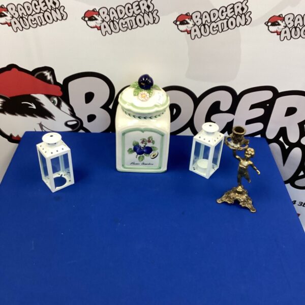 Vintage Villeroy & Boch biscuit jar with candle holders.