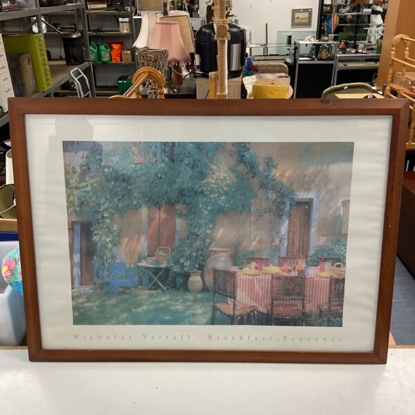 Framed Nicholas Verrall print depicting a countryside breakfast scene.