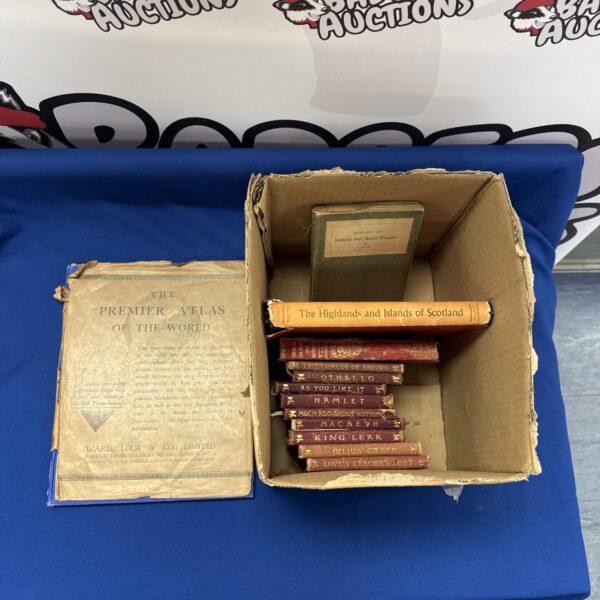 Vintage book lot featuring Shakespeare and antique literature.