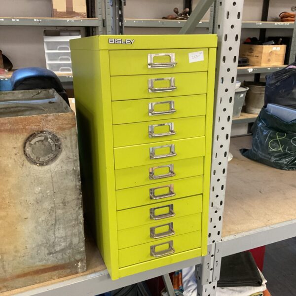 Yellow Bisley machinist cabinet with ten drawers for tool storage.