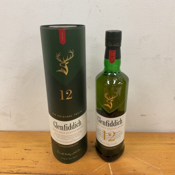 Bottle of Glenfiddich 12 year old single malt scotch whisky.