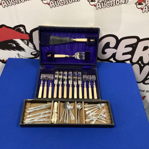 Vintage silverplate cutlery set displayed in a fitted case.
