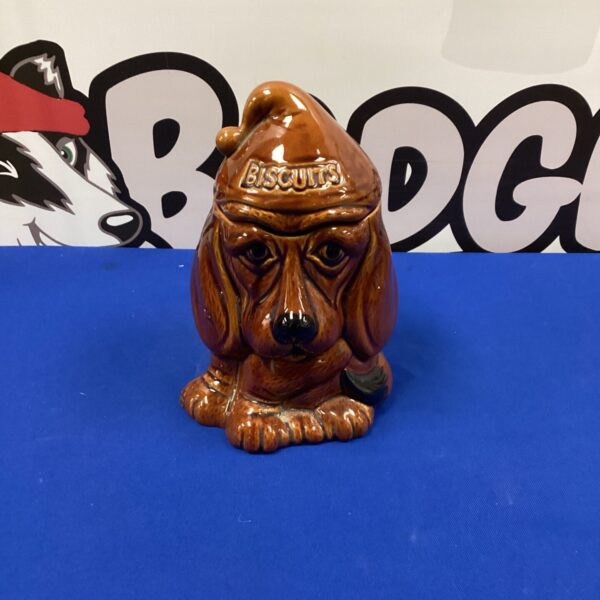 Vintage P K Bassett biscuit jar, ceramic dog shaped container.
