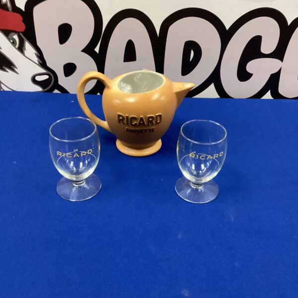 Vintage Ricard anisette jug and glasses set for serving pastis.