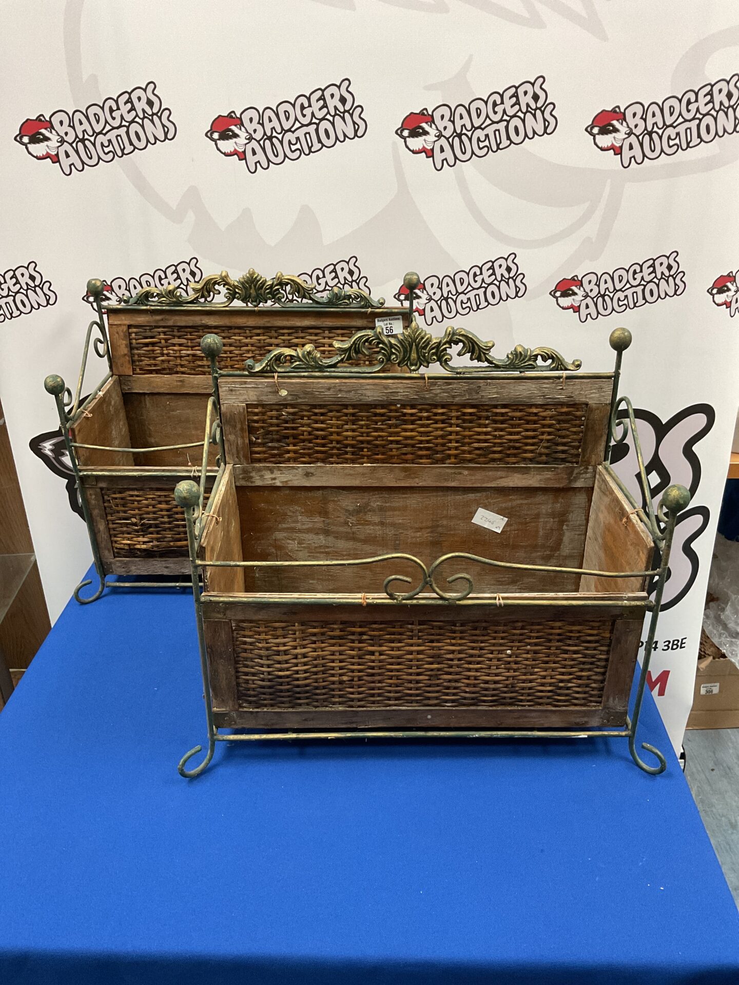 056 Pair of metal & wicker magazine racks