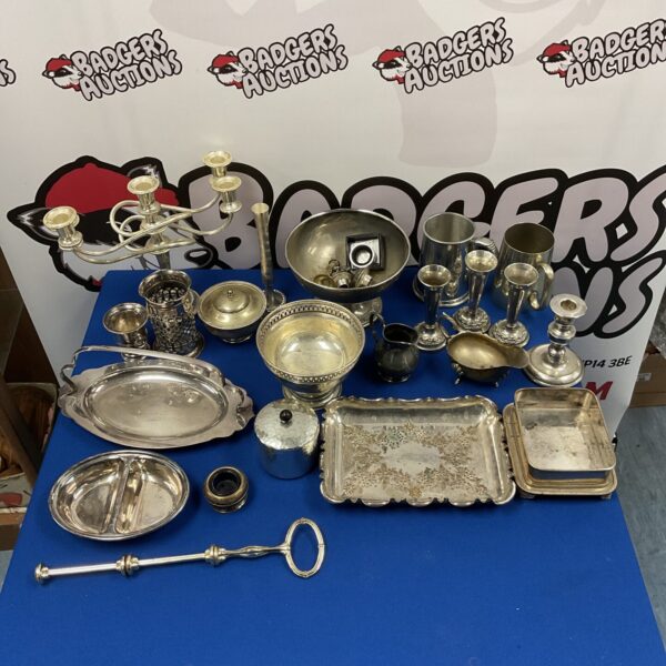 Vintage silver plate and pewter lot with bowls and tankards.