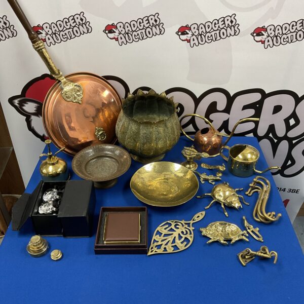 Vintage brass and copper lot with bed warmer and watering cans.