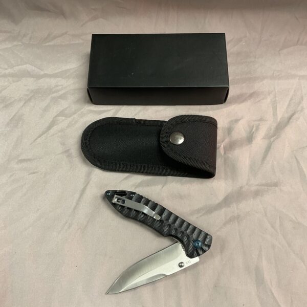 Black and silver D2 pocket knife with nylon carry case.