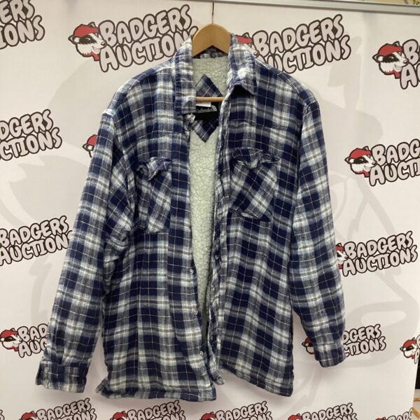 Men's plaid fleece windbreaker jacket size L, front view.