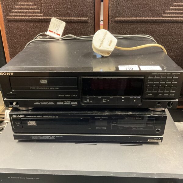 Vintage Sony CDP-M77 and Sharp DX-120 CD players, retro audio equipment.