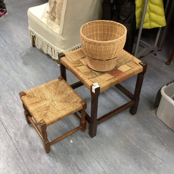 Vintage ratten stools and wicker basket for rustic home decor.