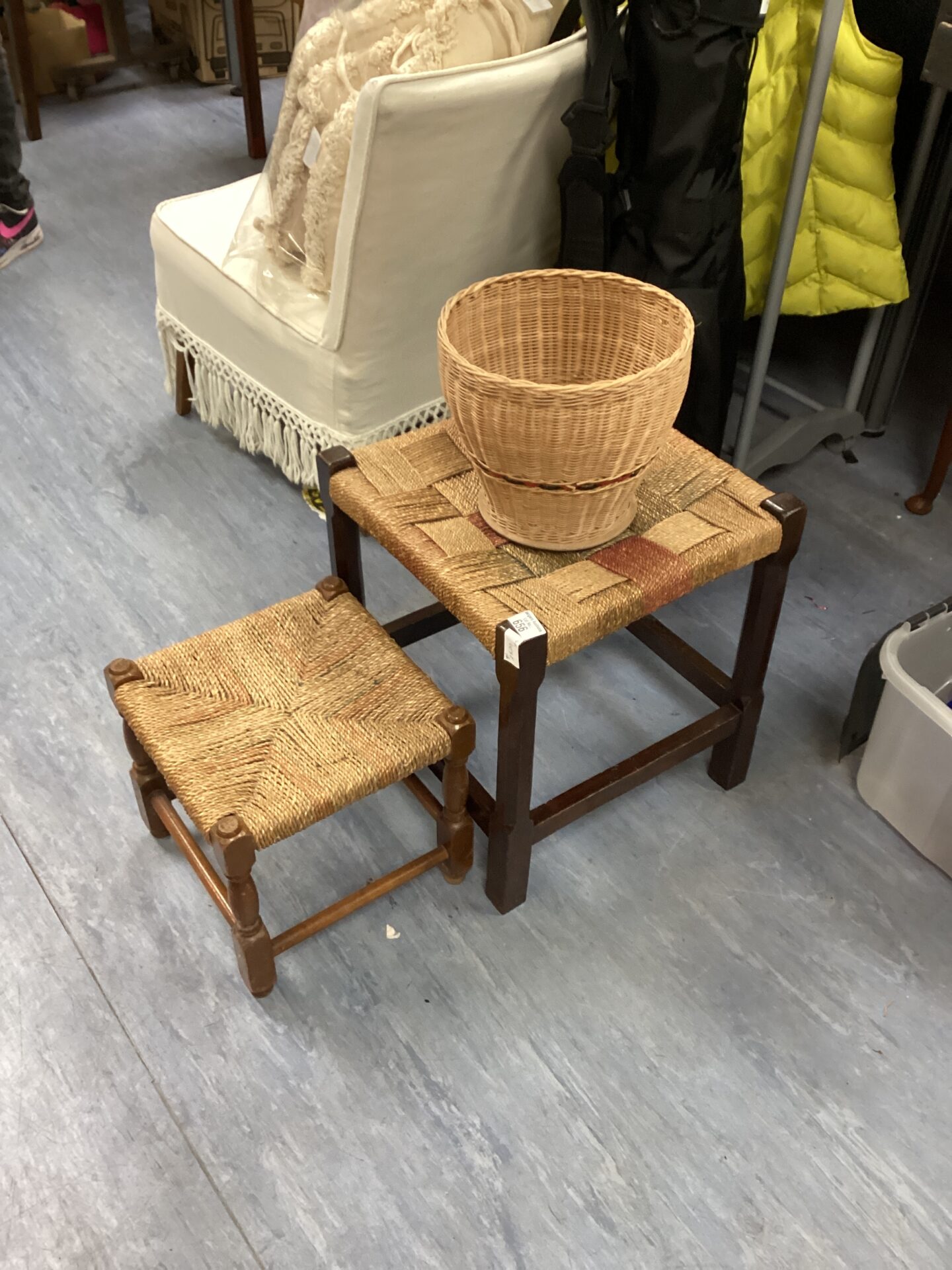 656 Two Ratten Stools and wicker basket