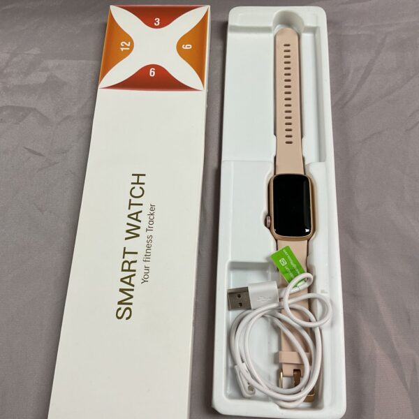 Front view of a black smart watch fitness tracker.
